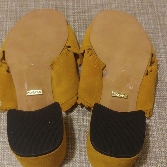 Topshop Mustard Yellow Suede Fringe Mule Heels size 38 - Picture 5 of 6